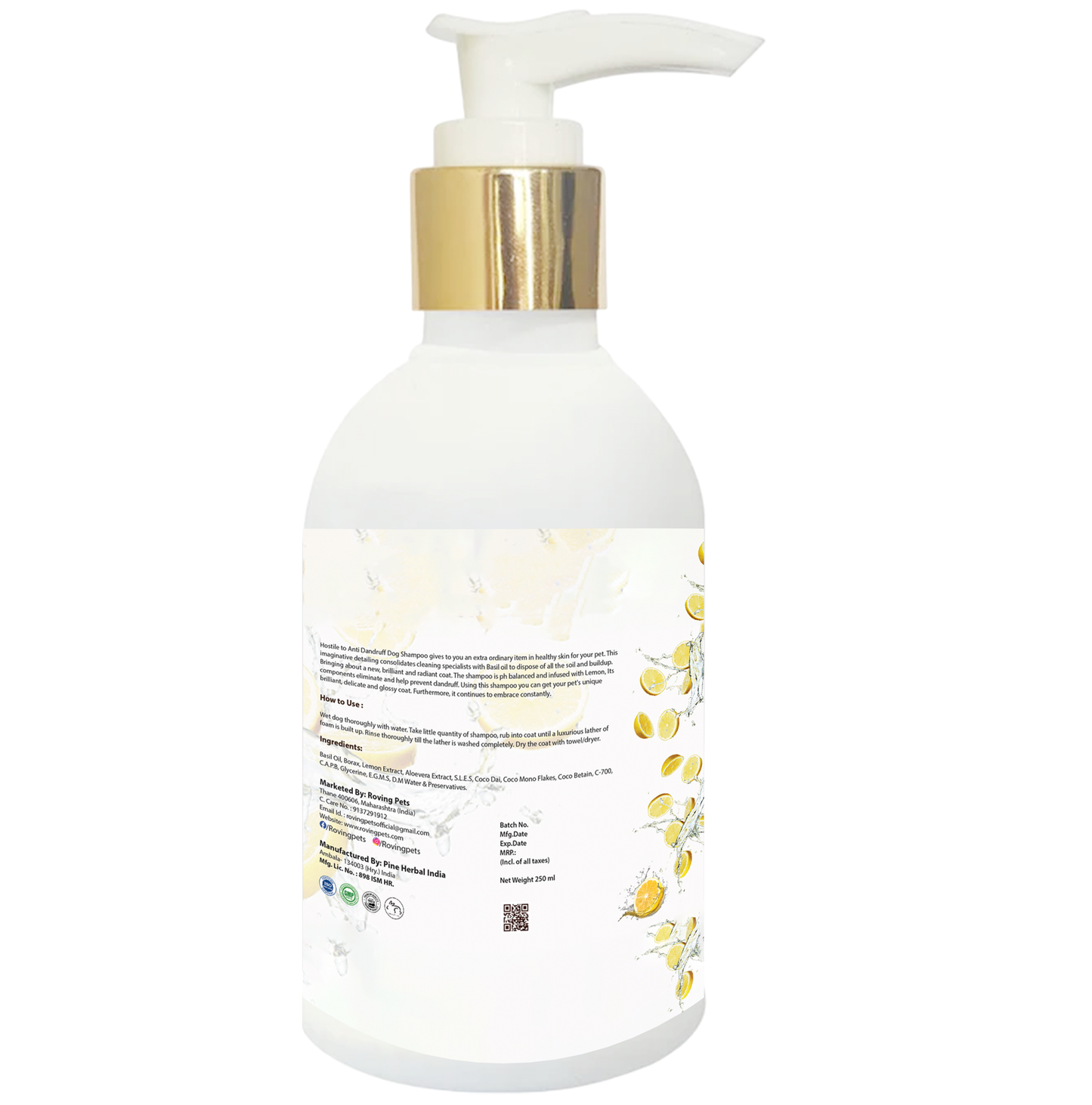 Roving Pets Anti Dandruff Dog Shampoo 250ml with Lemon and Aloe Vera